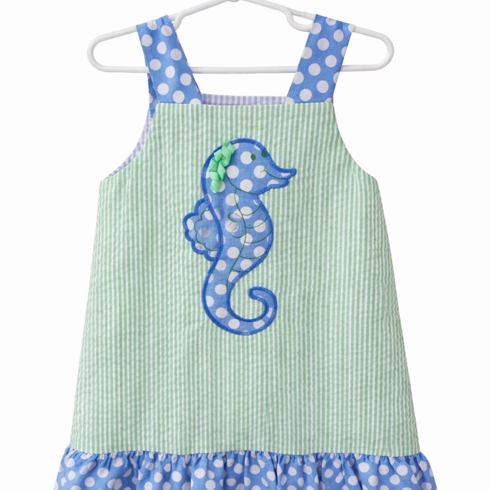 Seersucker Summer dress Girls size 3t Blue Green Sundress Seahorse Bailey Boys
